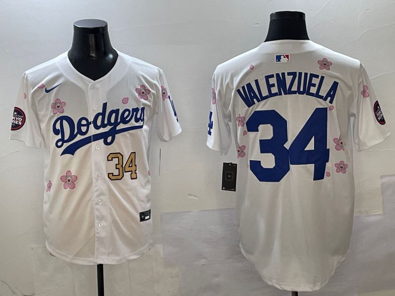 Men Los Angeles Dodgers #34 Valenzuela White Sakura Edition 2025 Nike MLB Jersey style 2